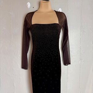 Tadashi Shoji Brown Velvet Beaded Mesh Long Sleeve Gown Rhinestones Dress Size 8